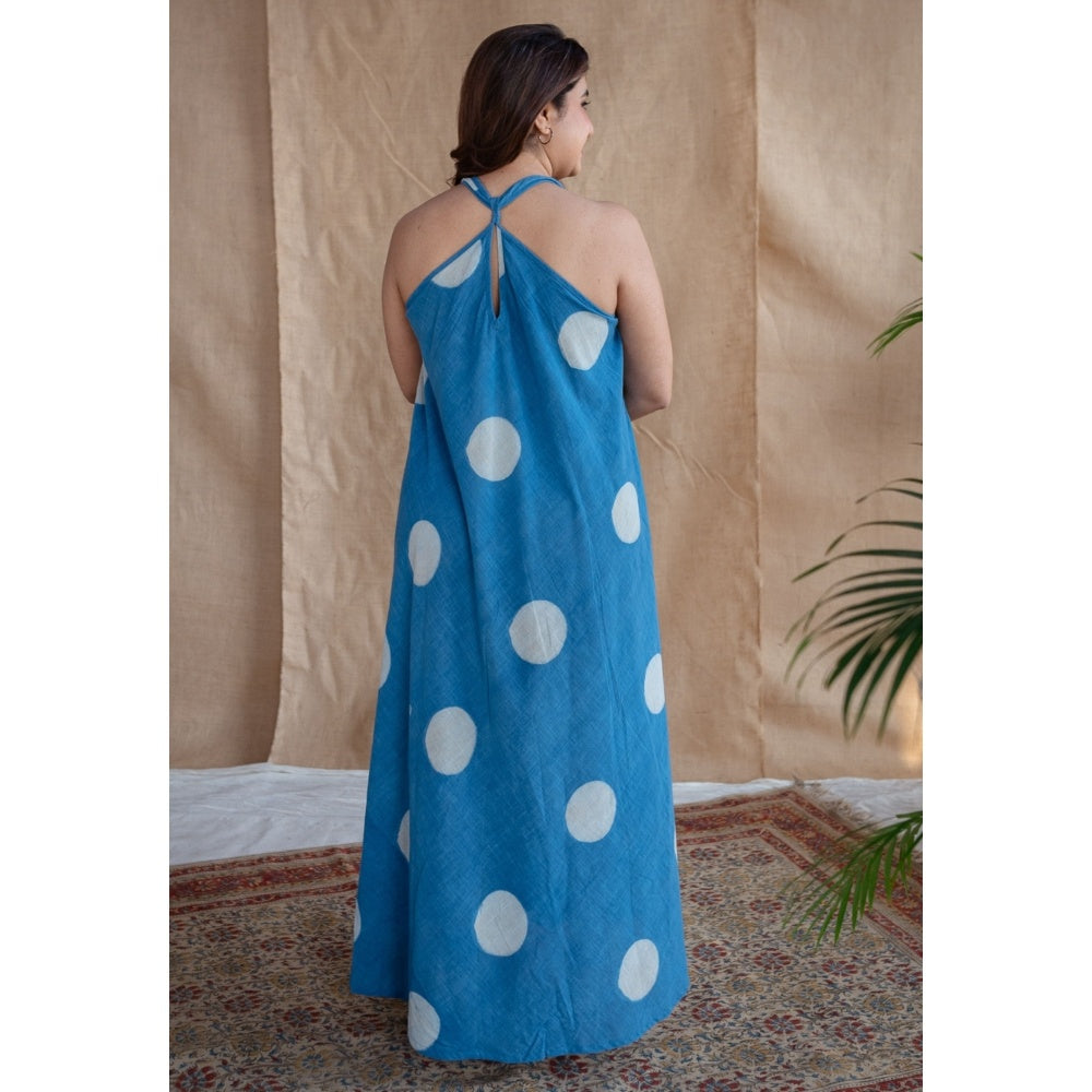 The Indian Ethnic Co. Blue A-Line Dabu Slub Cotton Hand Block Printed Maxi Dress