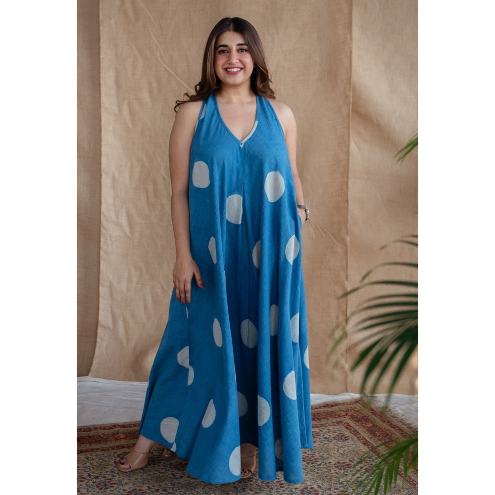 The Indian Ethnic Co. Blue A-Line Dabu Slub Cotton Hand Block Printed Maxi Dress