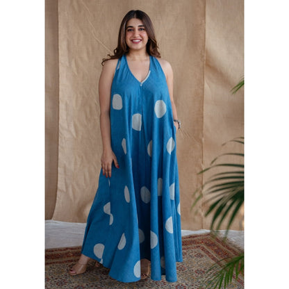 The Indian Ethnic Co. Blue A-Line Dabu Slub Cotton Hand Block Printed Maxi Dress