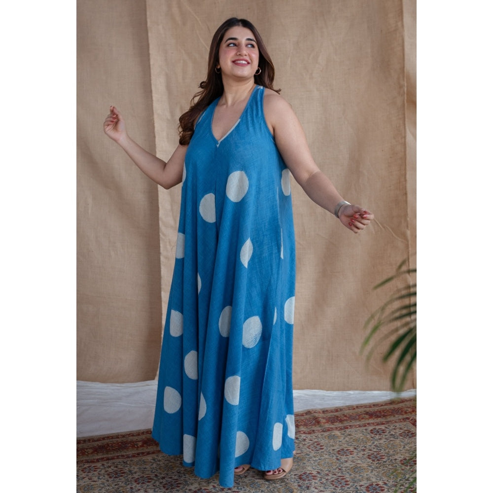 The Indian Ethnic Co. Blue A-Line Dabu Slub Cotton Hand Block Printed Maxi Dress