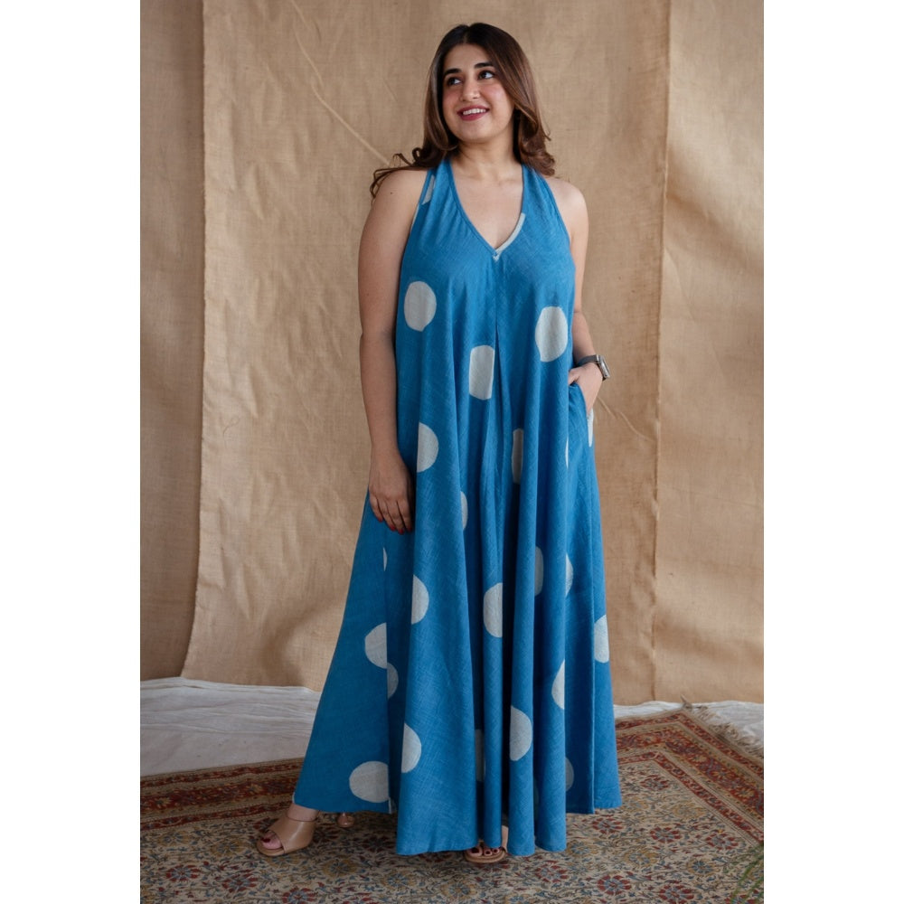 The Indian Ethnic Co. Blue A-Line Dabu Slub Cotton Hand Block Printed Maxi Dress