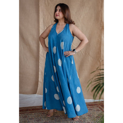 The Indian Ethnic Co. Blue A-Line Dabu Slub Cotton Hand Block Printed Maxi Dress