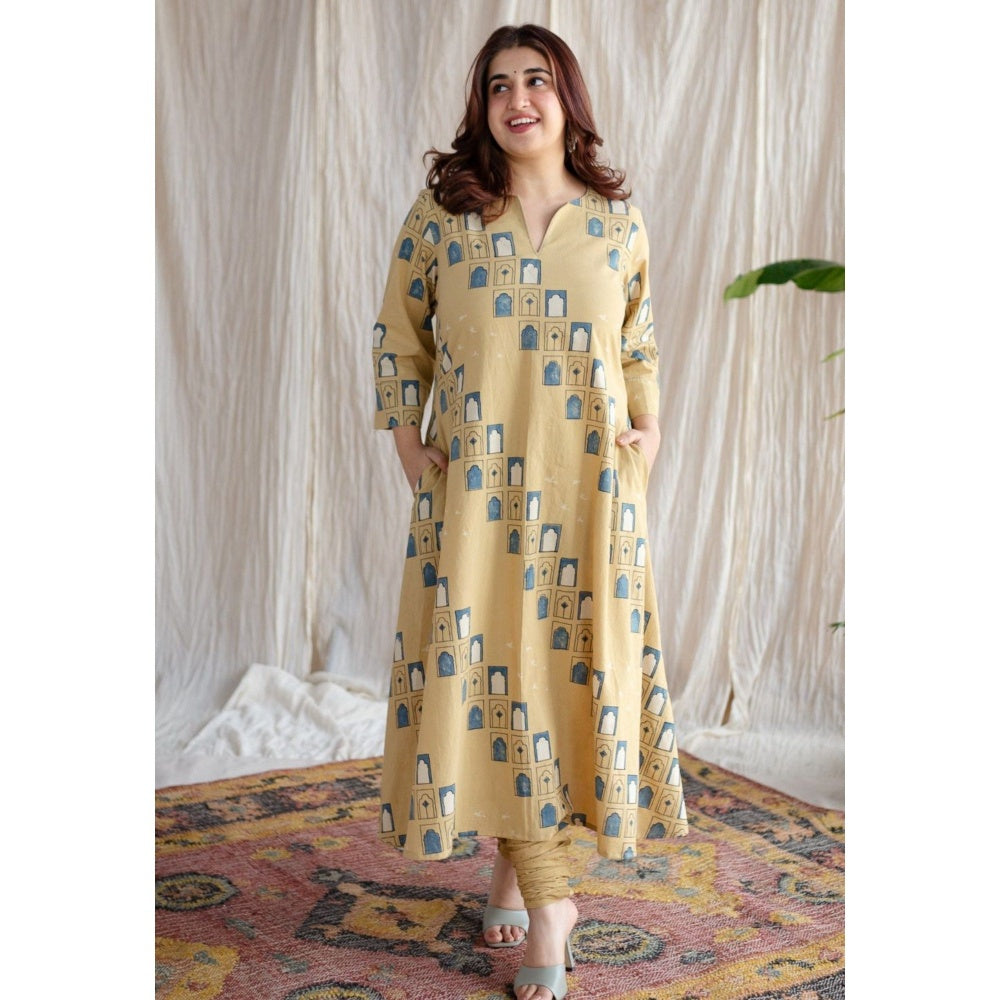 The Indian Ethnic Co. Yellow Narrow Ajrakh Cotton Hand Churidar