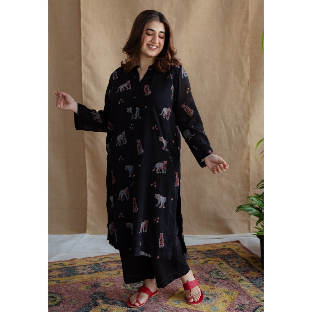 The Indian Ethnic Co. Black Straight Slub Cotton Palazzo