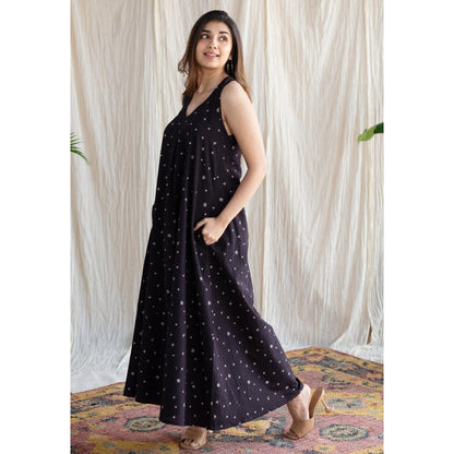 The Indian Ethnic Co. Black Ajrakh A-Line Cotton Printed Sleeveless V-Neck Dress