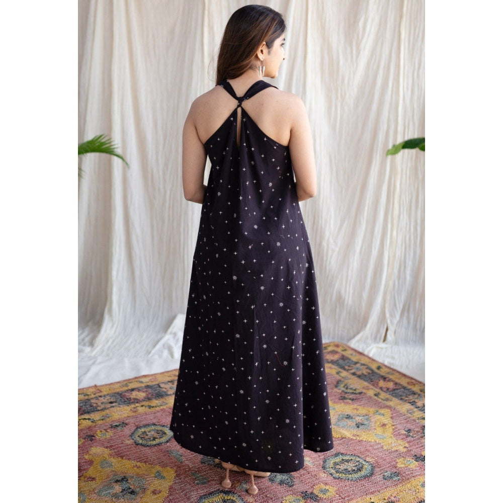 The Indian Ethnic Co. Black Ajrakh A-Line Cotton Printed Sleeveless V-Neck Dress