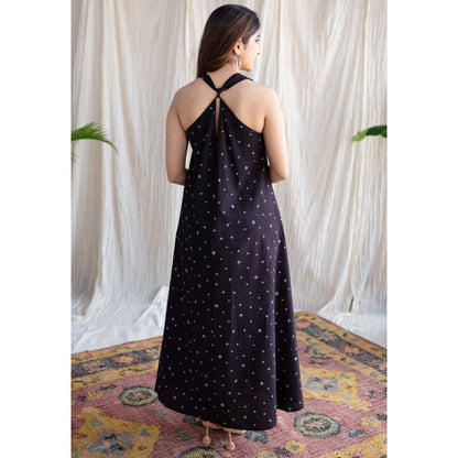 The Indian Ethnic Co. Black Ajrakh A-Line Cotton Printed Sleeveless V-Neck Dress