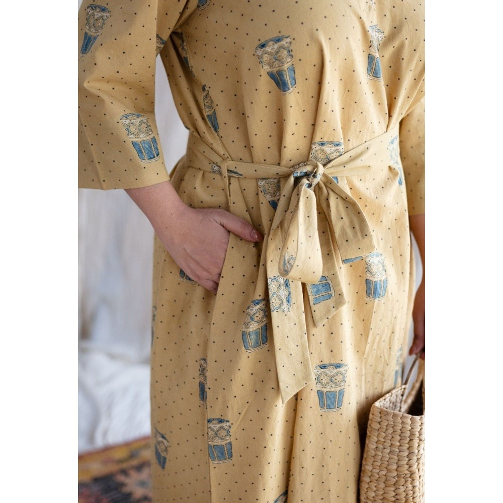 The Indian Ethnic Co. Yellow Ajrakh Cotton Printed Collar Neck Dress with Belt (Set of 2)
