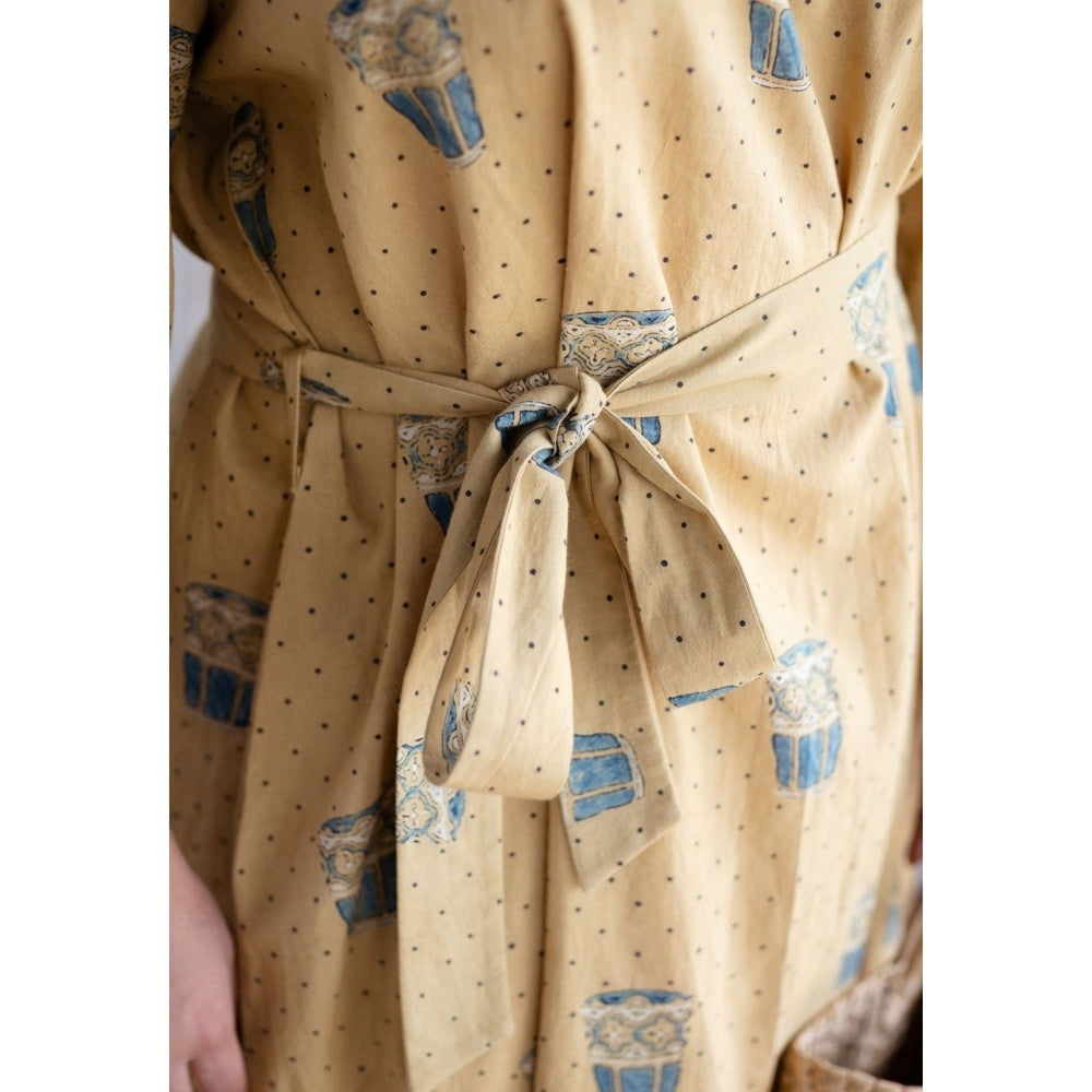 The Indian Ethnic Co. Yellow Ajrakh Cotton Printed Collar Neck Dress with Belt (Set of 2)