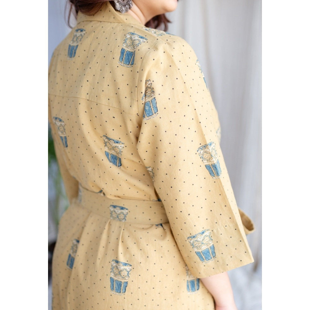 The Indian Ethnic Co. Yellow Ajrakh Cotton Printed Collar Neck Dress with Belt (Set of 2)