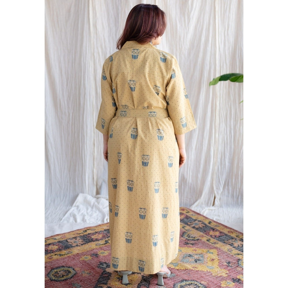 The Indian Ethnic Co. Yellow Ajrakh Cotton Printed Collar Neck Dress with Belt (Set of 2)