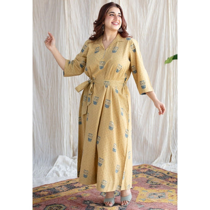 The Indian Ethnic Co. Yellow Ajrakh Cotton Printed Collar Neck Dress with Belt (Set of 2)