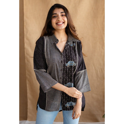 The Indian Ethnic Co. Black Loose Ajrakh Cotton Collar Neck Shirt