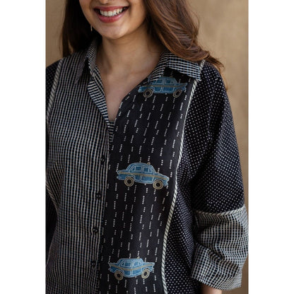 The Indian Ethnic Co. Black Loose Ajrakh Cotton Collar Neck Shirt