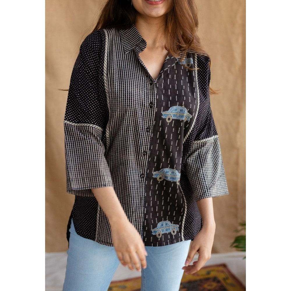 The Indian Ethnic Co. Black Loose Ajrakh Cotton Collar Neck Shirt