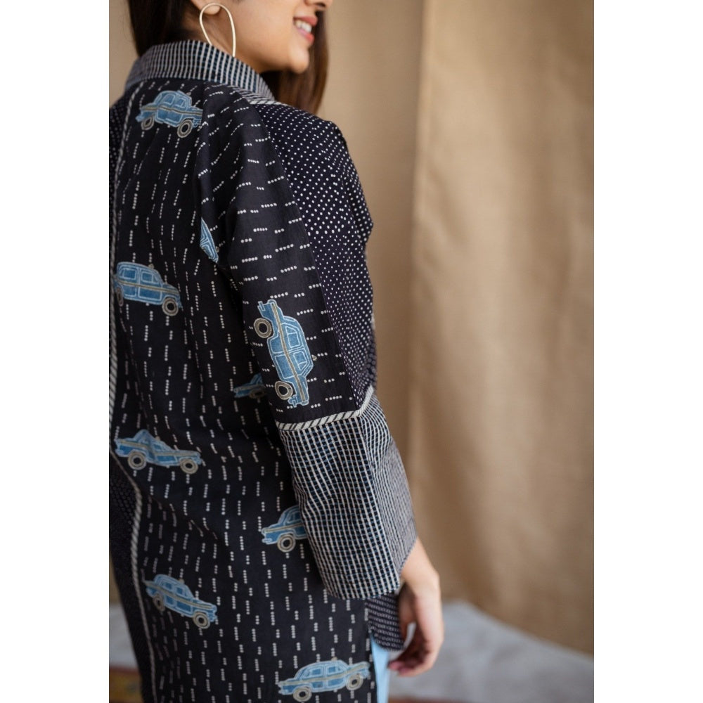 The Indian Ethnic Co. Black Loose Ajrakh Cotton Collar Neck Shirt