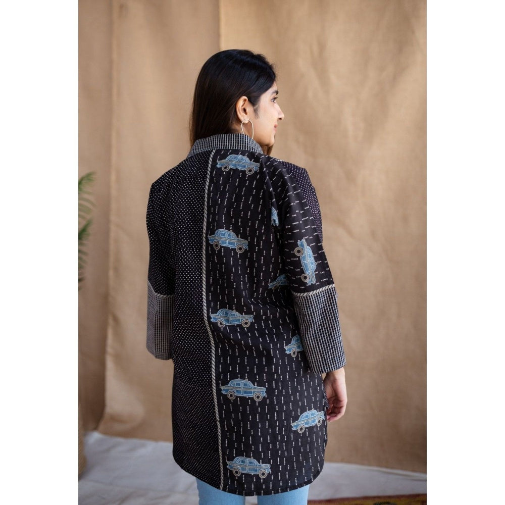 The Indian Ethnic Co. Black Loose Ajrakh Cotton Collar Neck Shirt