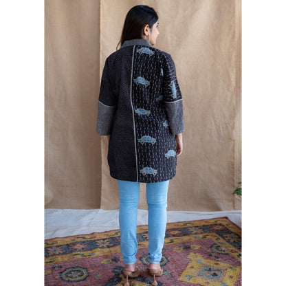 The Indian Ethnic Co. Black Loose Ajrakh Cotton Collar Neck Shirt
