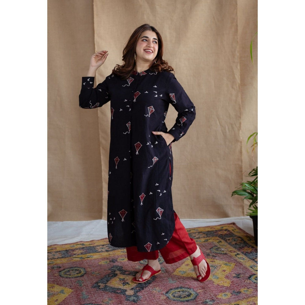 The Indian Ethnic Co. Black Straight Ajrakh Cotton Printed Mandarin Neck Kurta