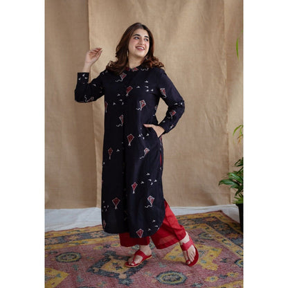 The Indian Ethnic Co. Black Straight Ajrakh Cotton Printed Mandarin Neck Kurta