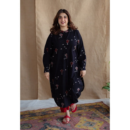 The Indian Ethnic Co. Black Straight Ajrakh Cotton Printed Mandarin Neck Kurta