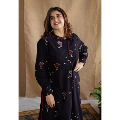 The Indian Ethnic Co. Black Straight Ajrakh Cotton Printed Mandarin Neck Kurta