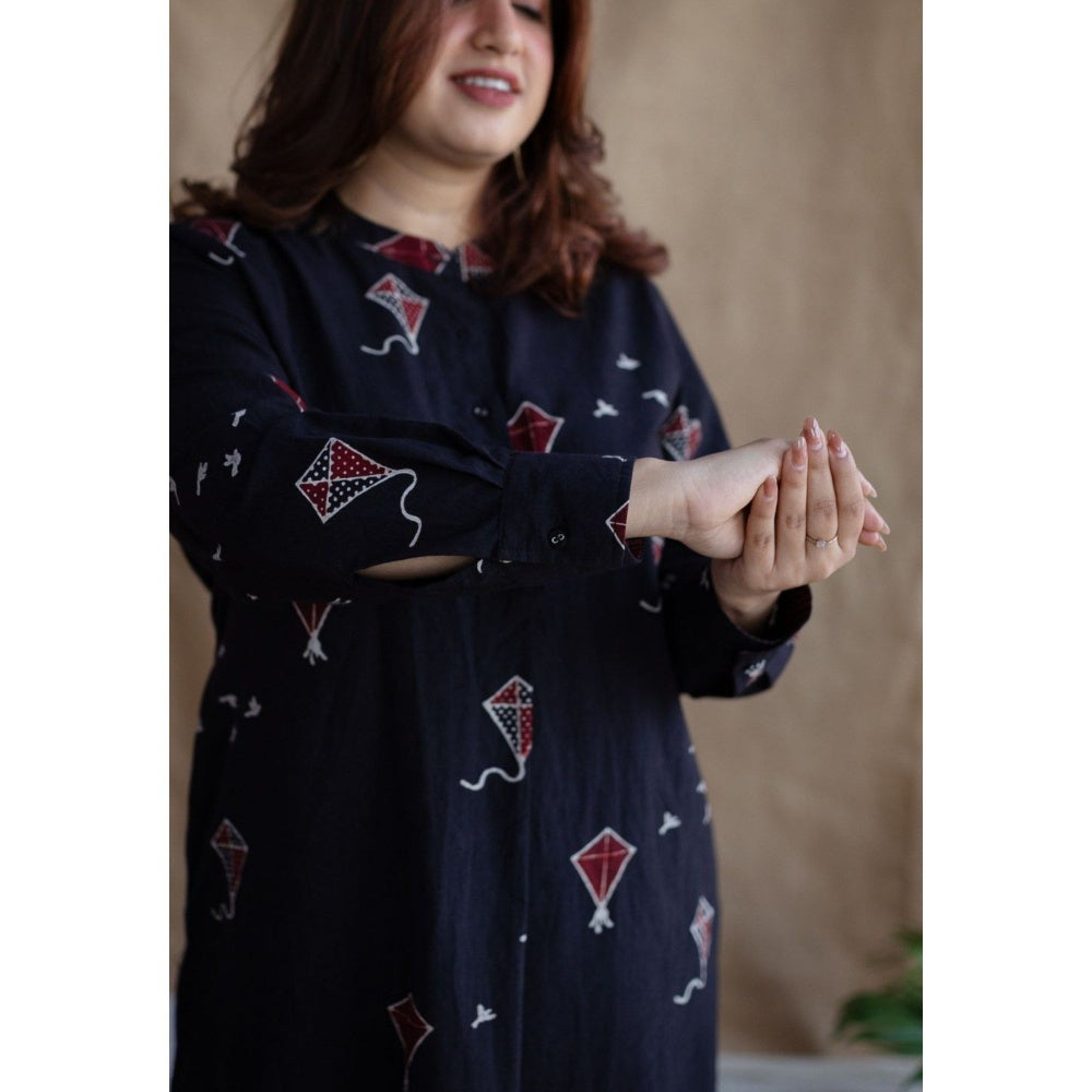 The Indian Ethnic Co. Black Straight Ajrakh Cotton Printed Mandarin Neck Kurta
