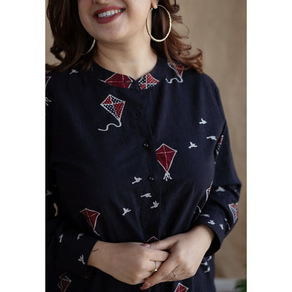 The Indian Ethnic Co. Black Straight Ajrakh Cotton Printed Mandarin Neck Kurta