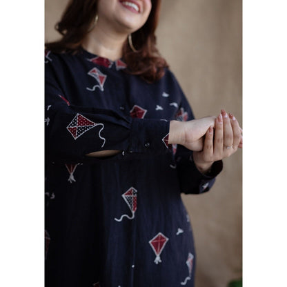 The Indian Ethnic Co. Black Straight Ajrakh Cotton Printed Mandarin Neck Kurta