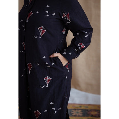The Indian Ethnic Co. Black Straight Ajrakh Cotton Printed Mandarin Neck Kurta