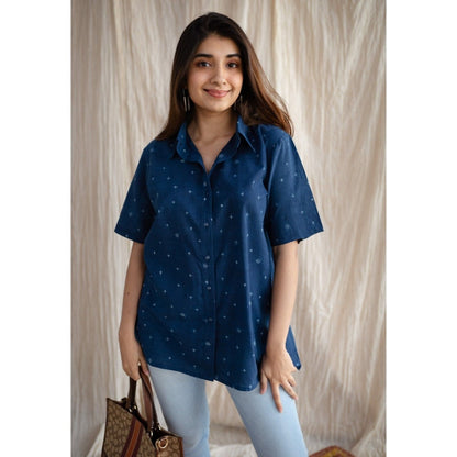 The Indian Ethnic Co. Blue Straight Ajrakh Cotton Printed Collar Neck Shirt
