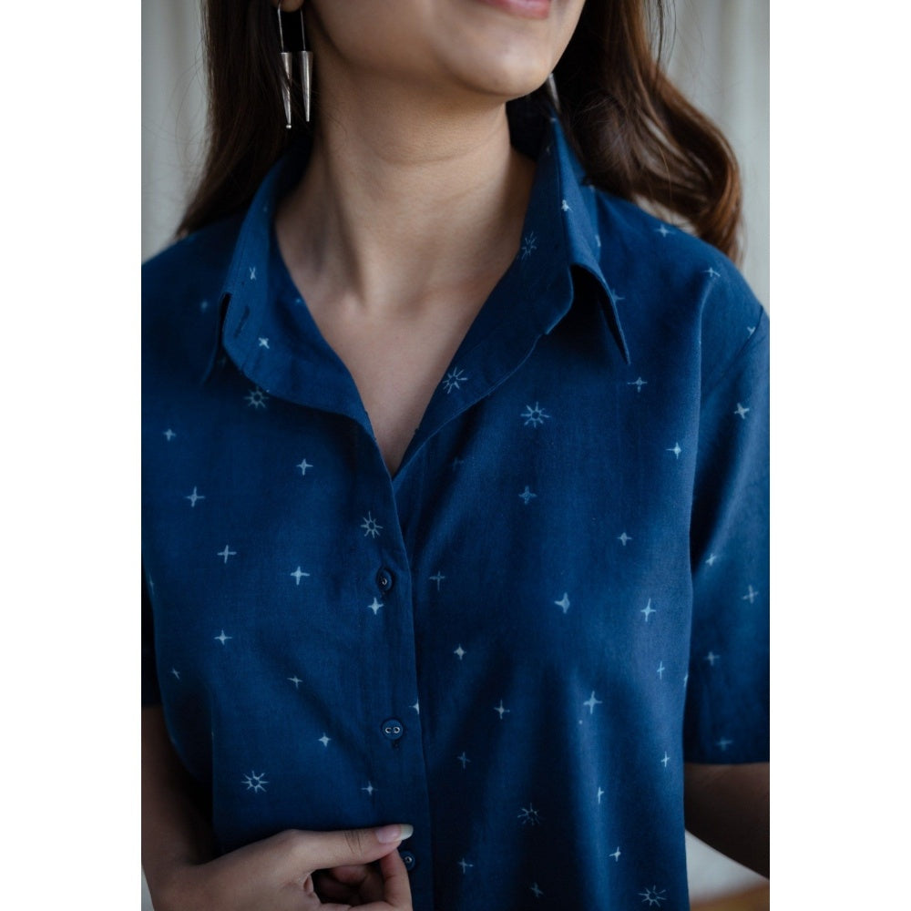 The Indian Ethnic Co. Blue Straight Ajrakh Cotton Printed Collar Neck Shirt