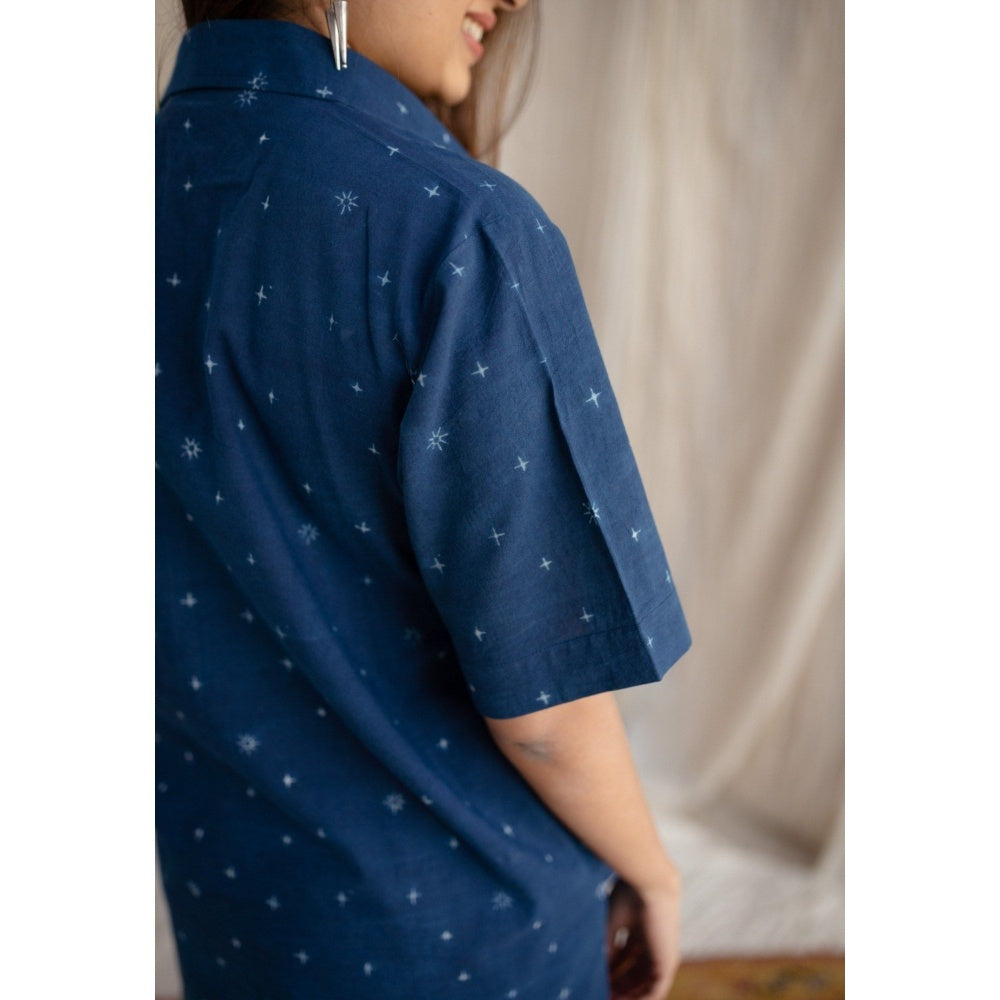 The Indian Ethnic Co. Blue Straight Ajrakh Cotton Printed Collar Neck Shirt