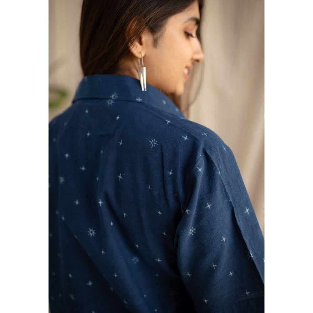 The Indian Ethnic Co. Blue Straight Ajrakh Cotton Printed Collar Neck Shirt
