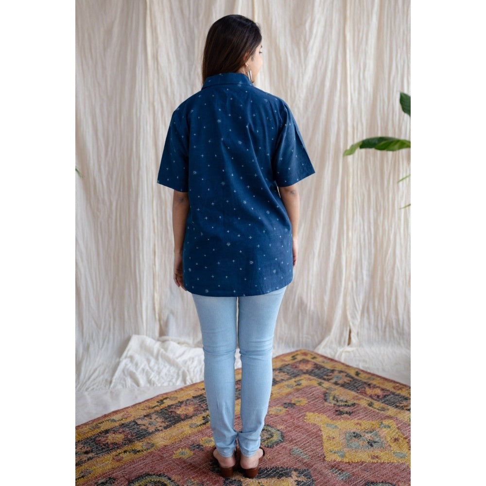 The Indian Ethnic Co. Blue Straight Ajrakh Cotton Printed Collar Neck Shirt