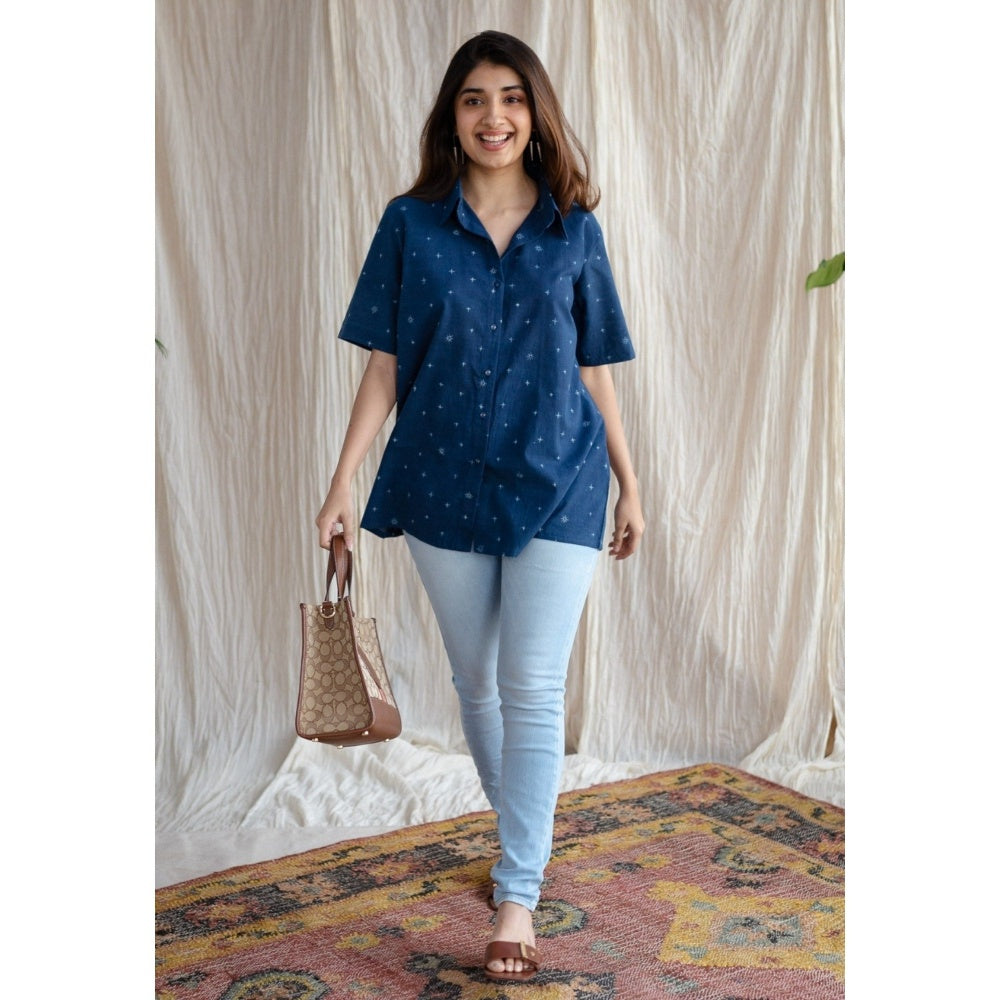 The Indian Ethnic Co. Blue Straight Ajrakh Cotton Printed Collar Neck Shirt