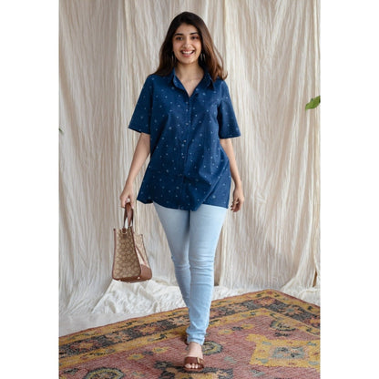 The Indian Ethnic Co. Blue Straight Ajrakh Cotton Printed Collar Neck Shirt