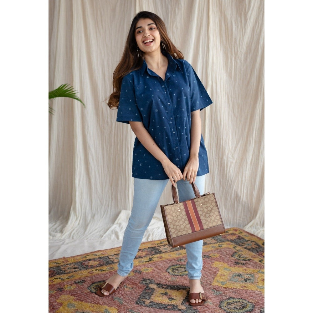 The Indian Ethnic Co. Blue Straight Ajrakh Cotton Printed Collar Neck Shirt