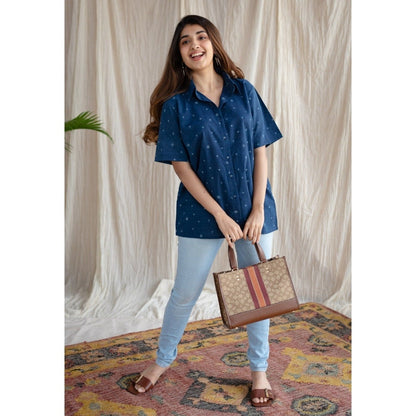 The Indian Ethnic Co. Blue Straight Ajrakh Cotton Printed Collar Neck Shirt