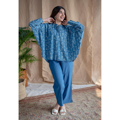 The Indian Ethnic Co. Blue Loose Dabu Slub Cotton Kaftan With Pant (Set of 2)