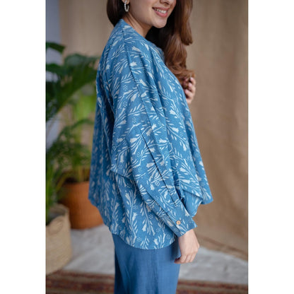 The Indian Ethnic Co. Blue Loose Dabu Slub Cotton Kaftan With Pant (Set of 2)