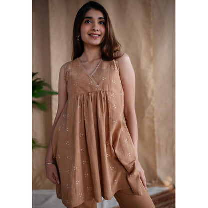 The Indian Ethnic Co. Light Brown Dabu Slub Cotton Embroidered Kurti with Pant (Set of 2)