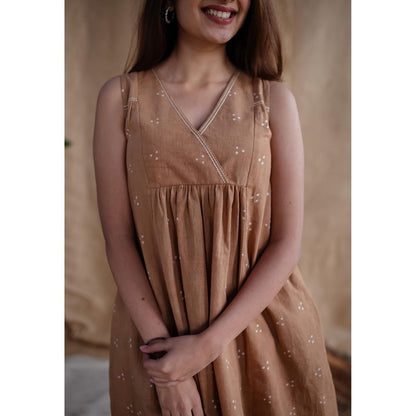 The Indian Ethnic Co. Light Brown Dabu Slub Cotton Embroidered Kurti with Pant (Set of 2)