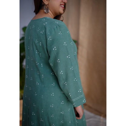 The Indian Ethnic Co. Green Dabu Cotton Embroidered Kurta with Churidar and Dupatta (Set of 3)