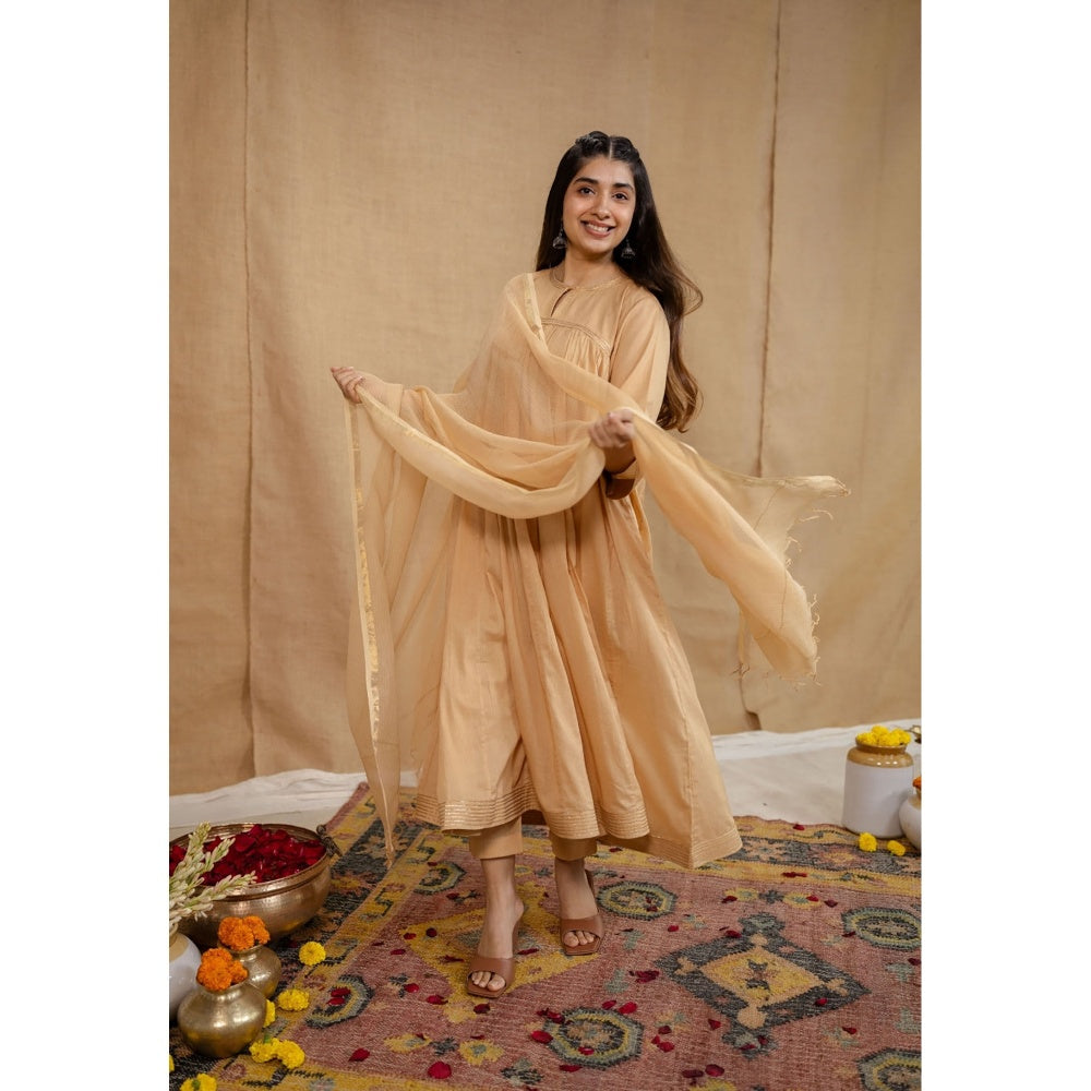 The Indian Ethnic Co. Beige Plain Cotton Anarkali Kurta with Pant and Dupatta (Set of 3)
