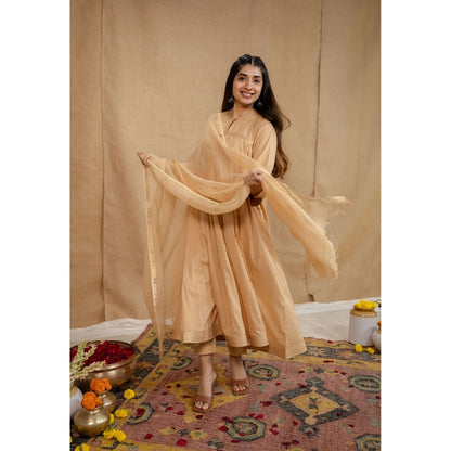 The Indian Ethnic Co. Beige Plain Cotton Anarkali Kurta with Pant and Dupatta (Set of 3)