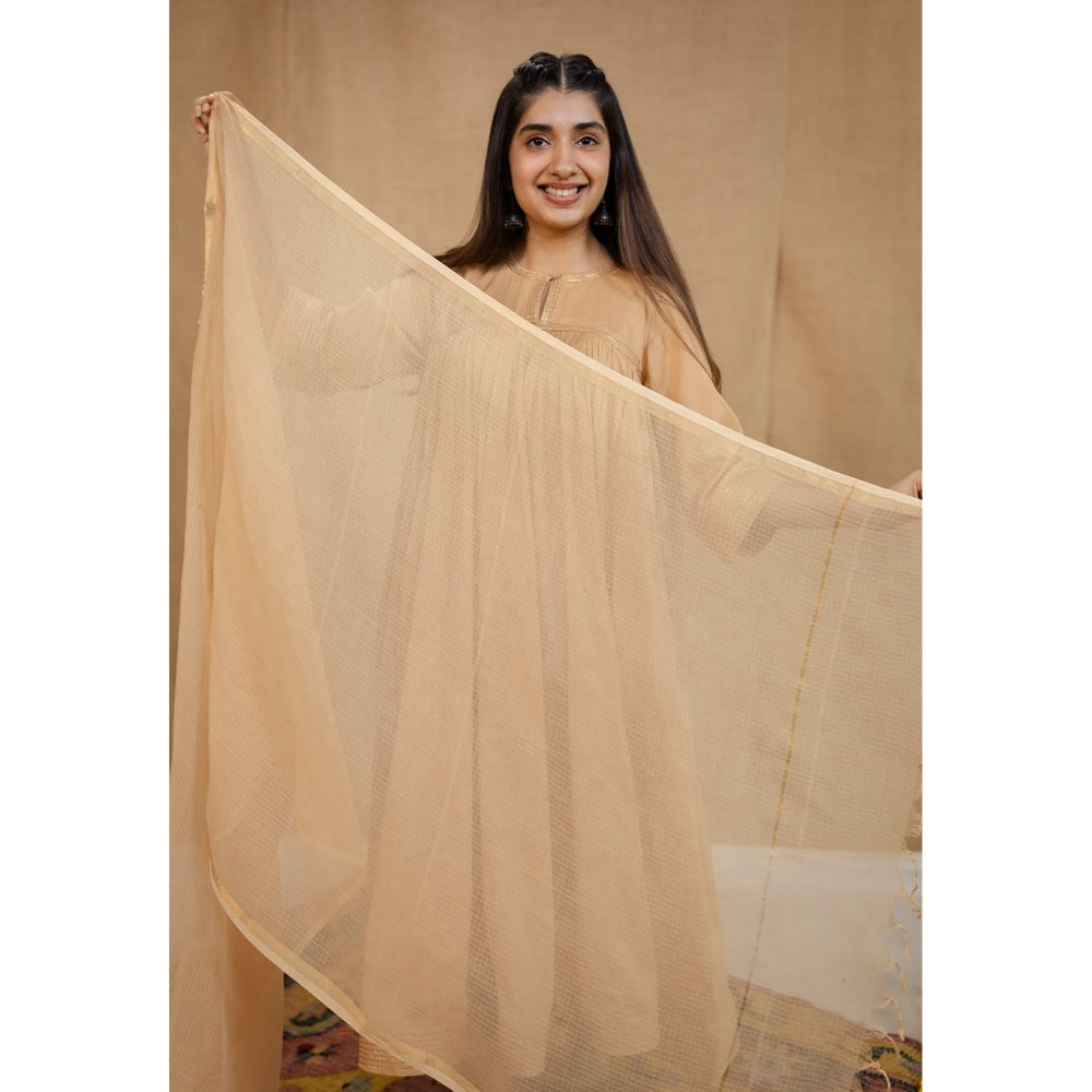 The Indian Ethnic Co. Beige Plain Cotton Anarkali Kurta with Pant and Dupatta (Set of 3)