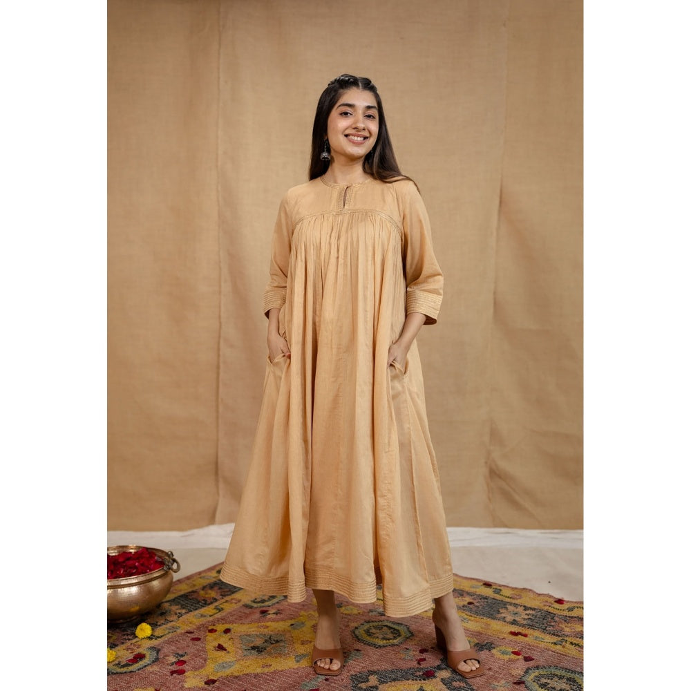 The Indian Ethnic Co. Beige Plain Cotton Anarkali Kurta with Pant and Dupatta (Set of 3)