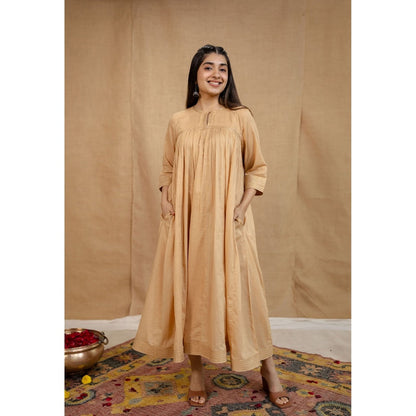 The Indian Ethnic Co. Beige Plain Cotton Anarkali Kurta with Pant and Dupatta (Set of 3)