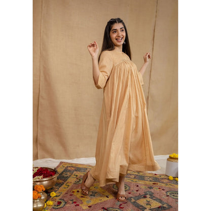 The Indian Ethnic Co. Beige Plain Cotton Anarkali Kurta with Pant and Dupatta (Set of 3)